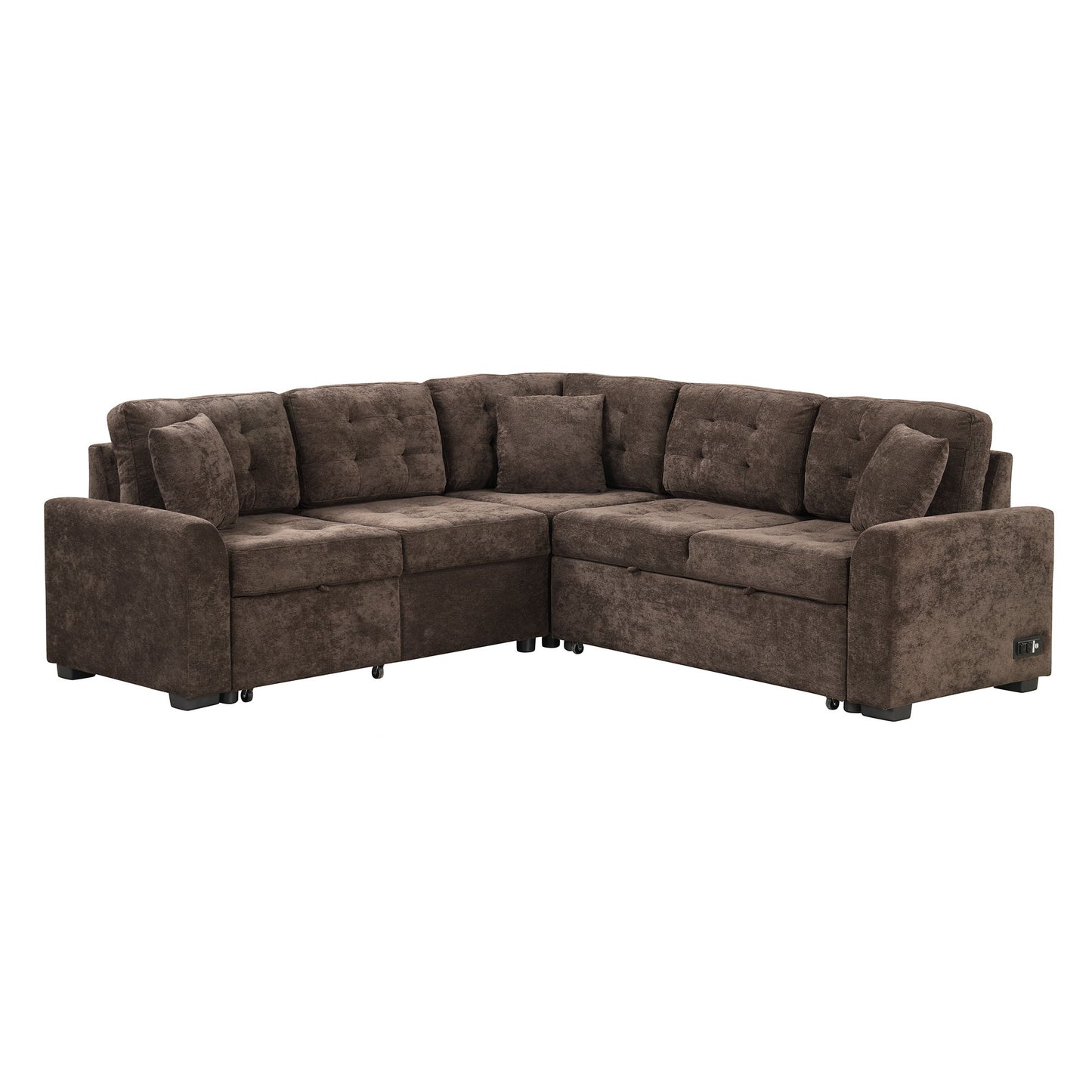L-Shape Sofa Bed Pull-Out Sleeper Sofa With Wheels, USB Ports, Power Sockets For Living Room - Brown