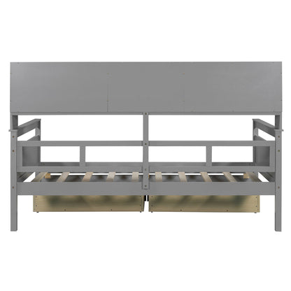 Twin Size Daybed, Slat Support, With Bedside Shelves And 2 Drawers - Gray
