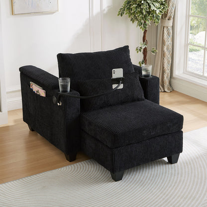 Convertible Chaise Lounge Sofa Chair Bed With USB Ports, Cup Holders & Storage - Black