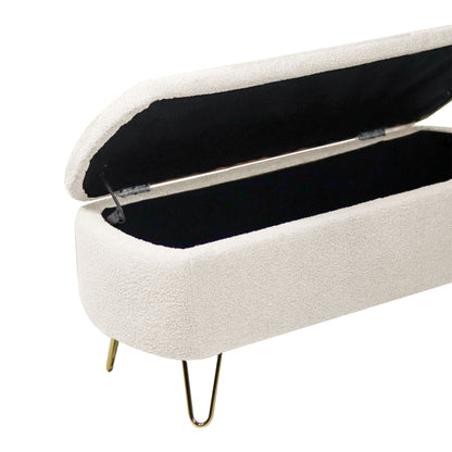 Storage Ottoman Bench For End Of Bed Gold Legs, Modern Ivory White Faux Fur Entryway Bench Upholstered Padded With Storage For Living Room Bedroom - Ivory