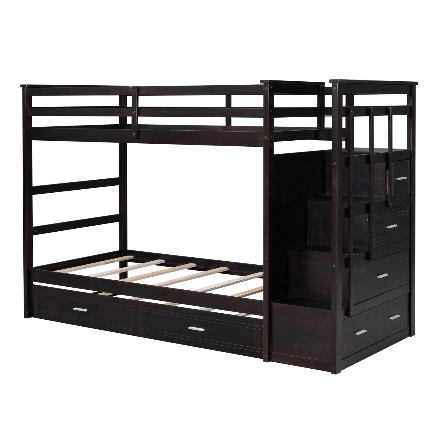 Twin Over Twin Bunk Bed With Trundle And Staircase - Espresso
