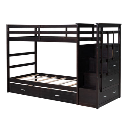 Twin Over Twin Bunk Bed With Trundle And Staircase - Espresso
