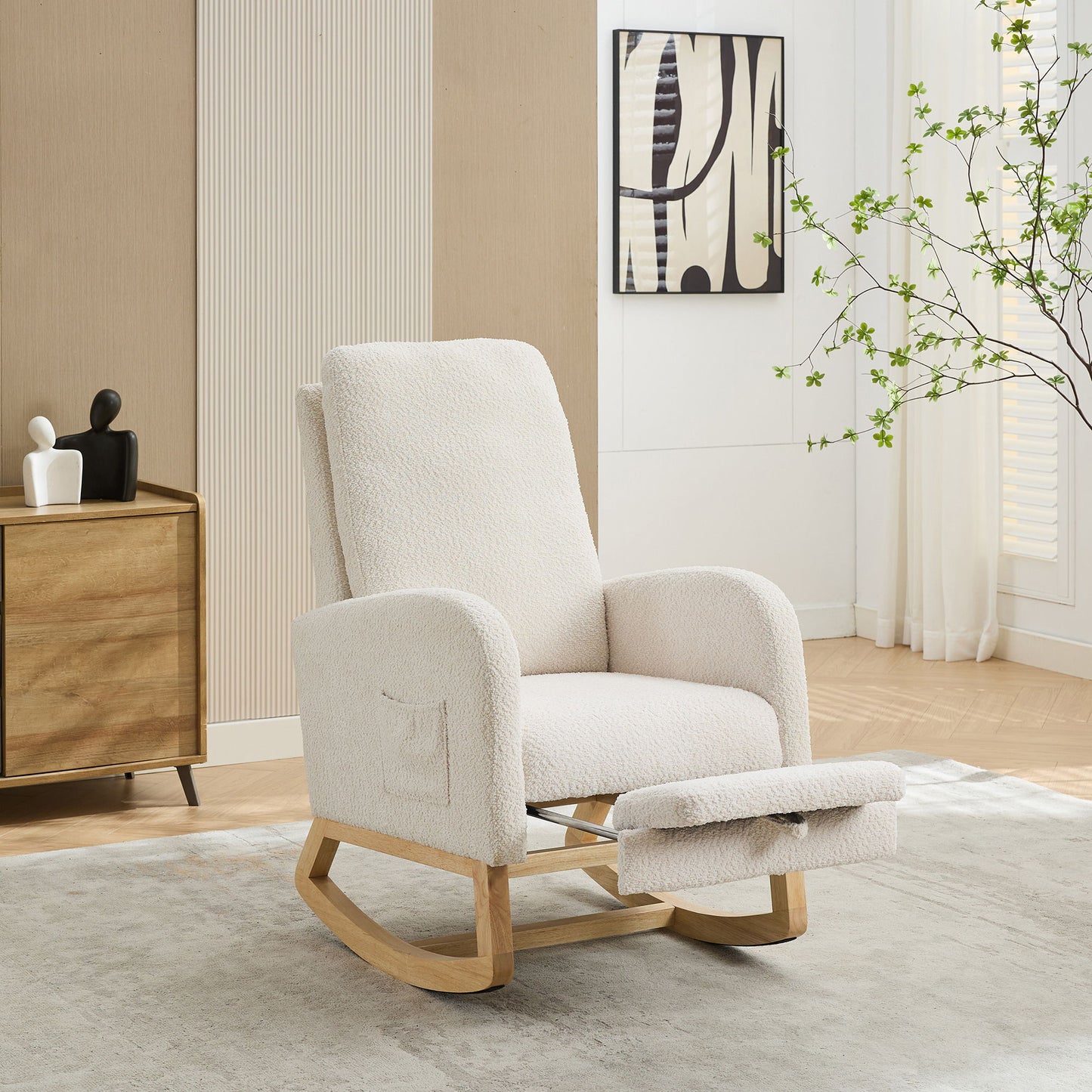 Rocking Chair For Nursery, High Back Glider With Retractable Footrest, Boucle Upholstery, Rubber Wood Legs - Ivory