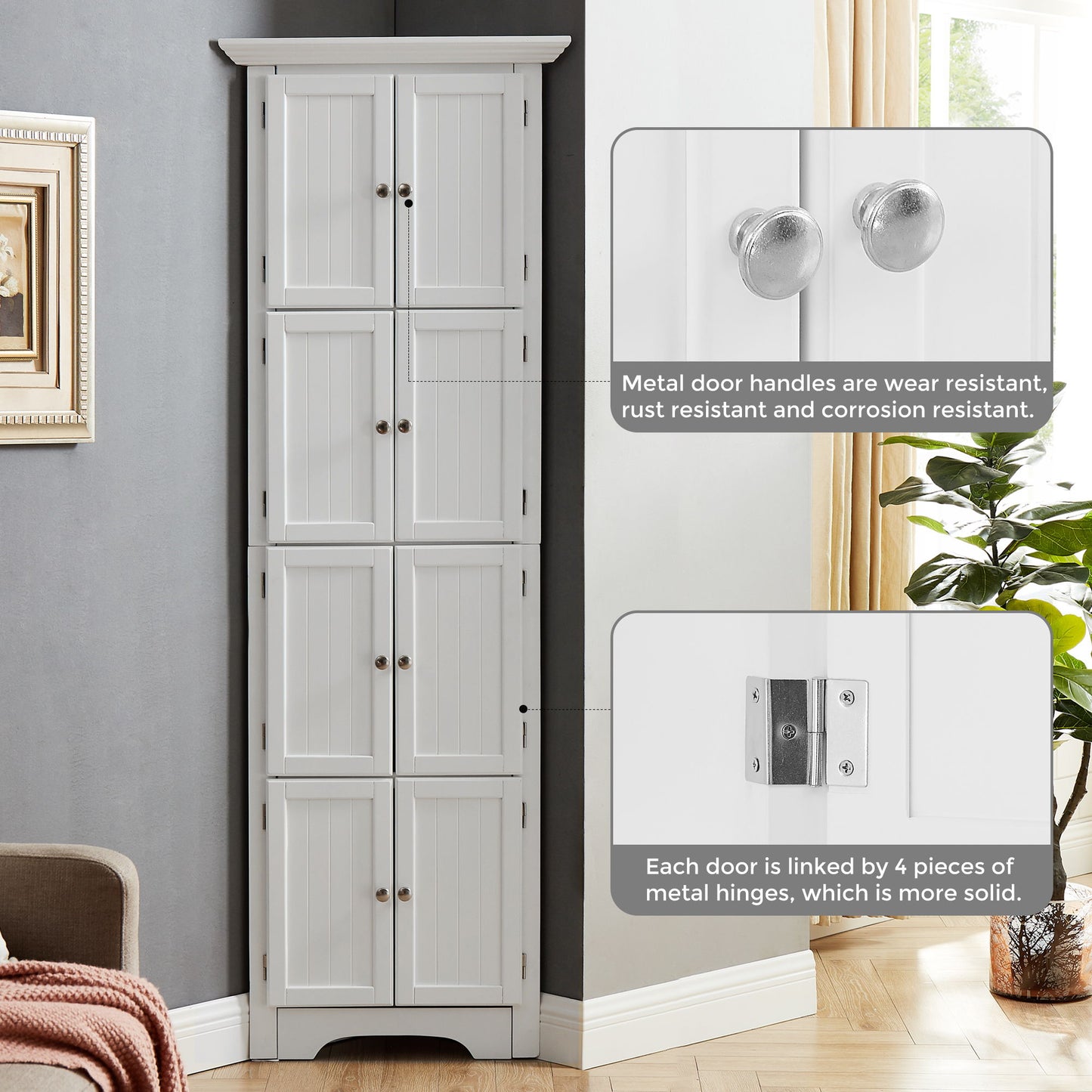 Tall Storage Cabinet With Doors And 4 Shelves For Living Room, Kitchen, Office, Bedroom, Bathroom, Modern - White