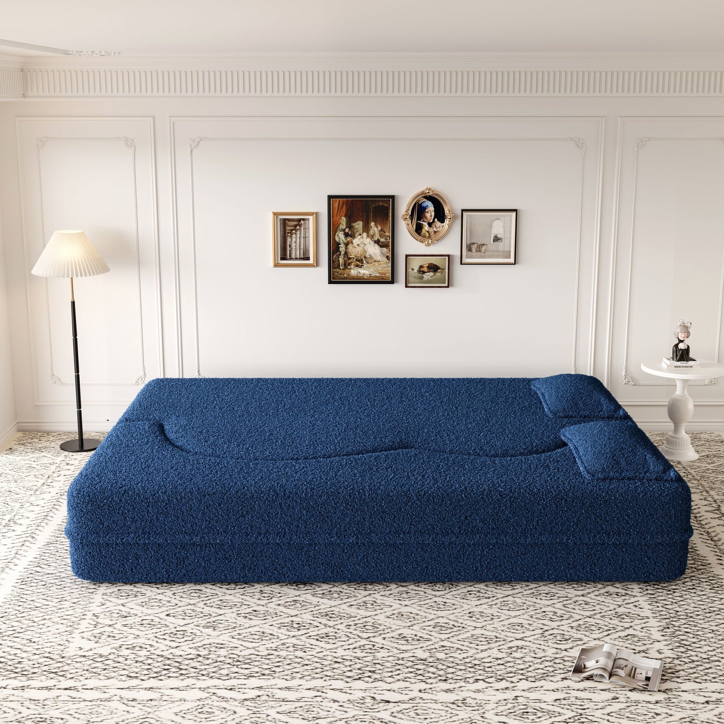 Modern Floor Sofa With 2 Pillows, Convertible Teddy Fabric Foam Filled Sleeper Sofa Bed, Full Size Folding Mattress For Living Room Guest Bed, Playroom, No Assembly Required - Blue