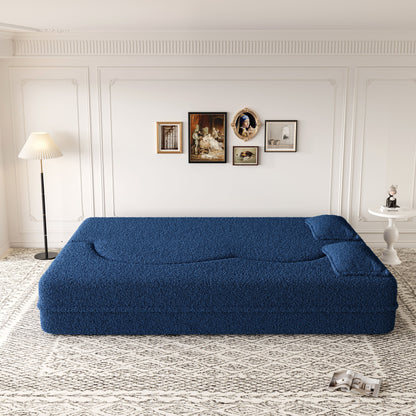 Modern Floor Sofa With 2 Pillows, Convertible Teddy Fabric Foam Filled Sleeper Sofa Bed, Full Size Folding Mattress For Living Room Guest Bed, Playroom, No Assembly Required - Blue