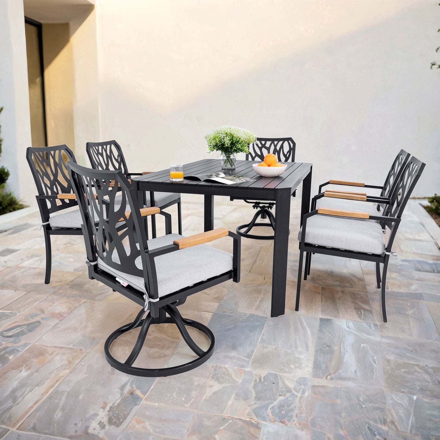 7 Pieces Outdoor Patio Furniture Set, 4 Dining Chairs & 2 Swivel Rockers Sunbrella Fabric, Rectangular Table With Umbrella Hole - Bourbon Brown