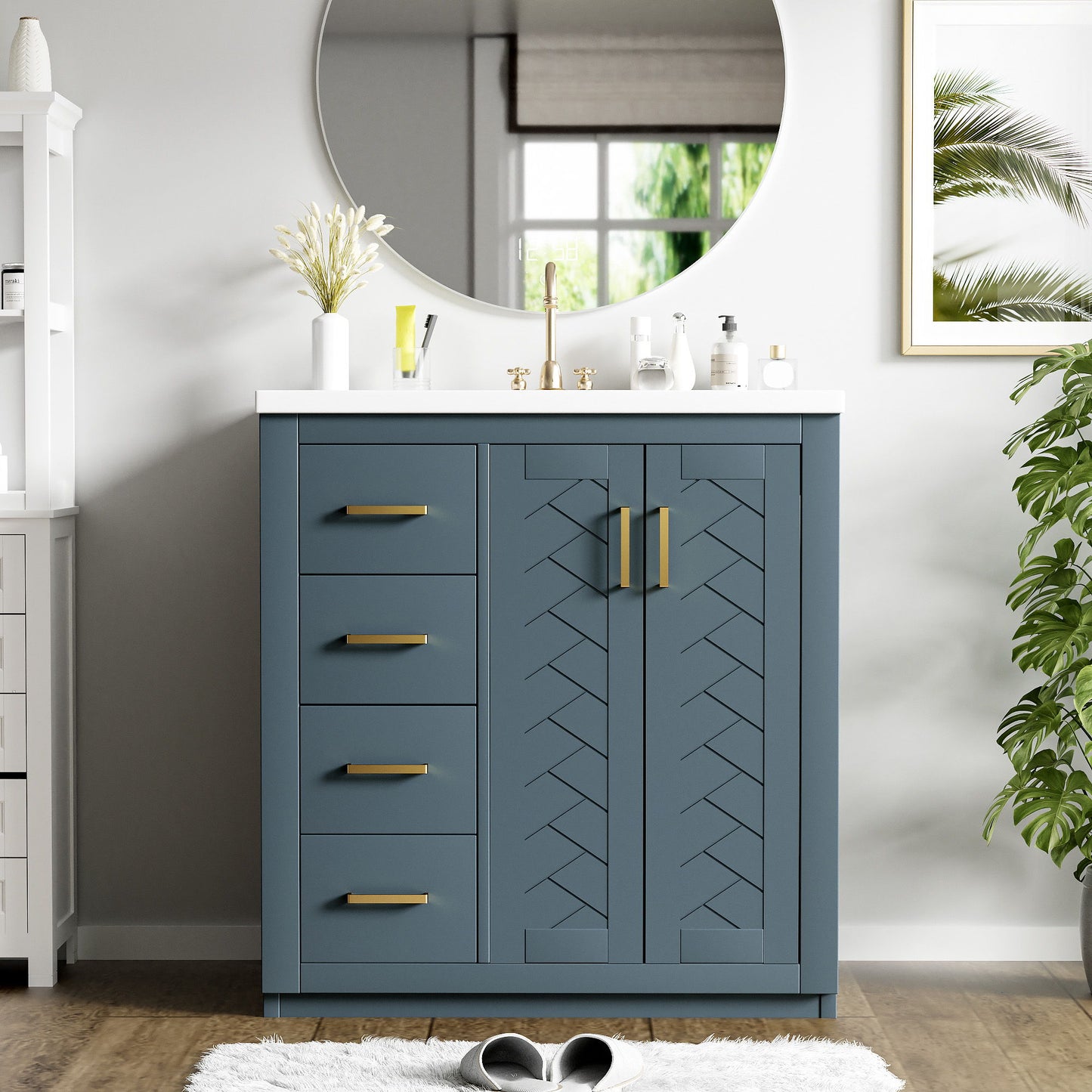 Bathroom Vanity With Ceramic Sink Combo, Frame Bathroom Storage Cabinet, Freestanding Vanity Set With 3 Drawers & Soft Closing Doors - Blue