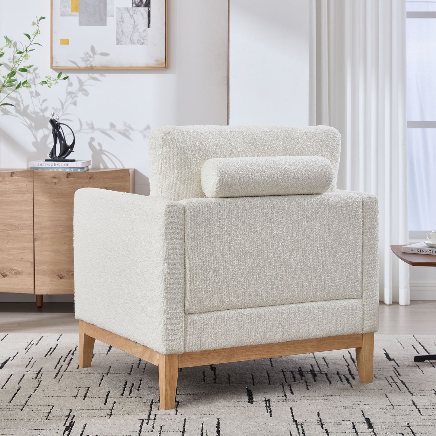 Wide Modern Farmhouse Performance Accent Chair With Natural Wood Legs, Wood Base Reading Armchair Single Sofa With 2 Bolster Pillows For Living Room Offices And Lounge - Ivory