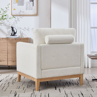 Wide Modern Farmhouse Performance Accent Chair With Natural Wood Legs, Wood Base Reading Armchair Single Sofa With 2 Bolster Pillows For Living Room Offices And Lounge - Ivory