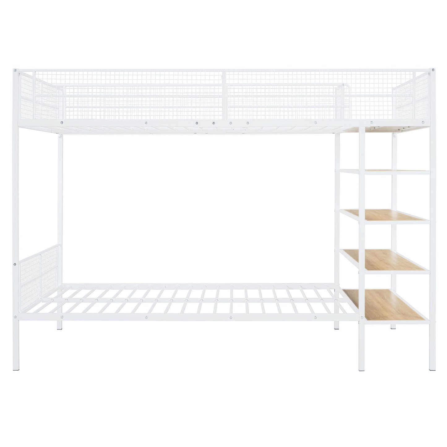Twin Over Full Bunk Bed With 5 Tier Shelves - White