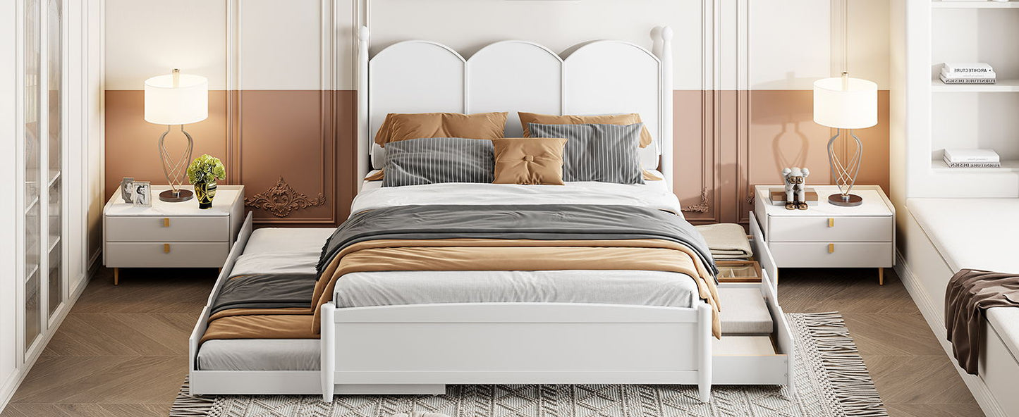 Queen Size Platform Bed With With 2 Big Drawers, Twin Long Size Trundle - White