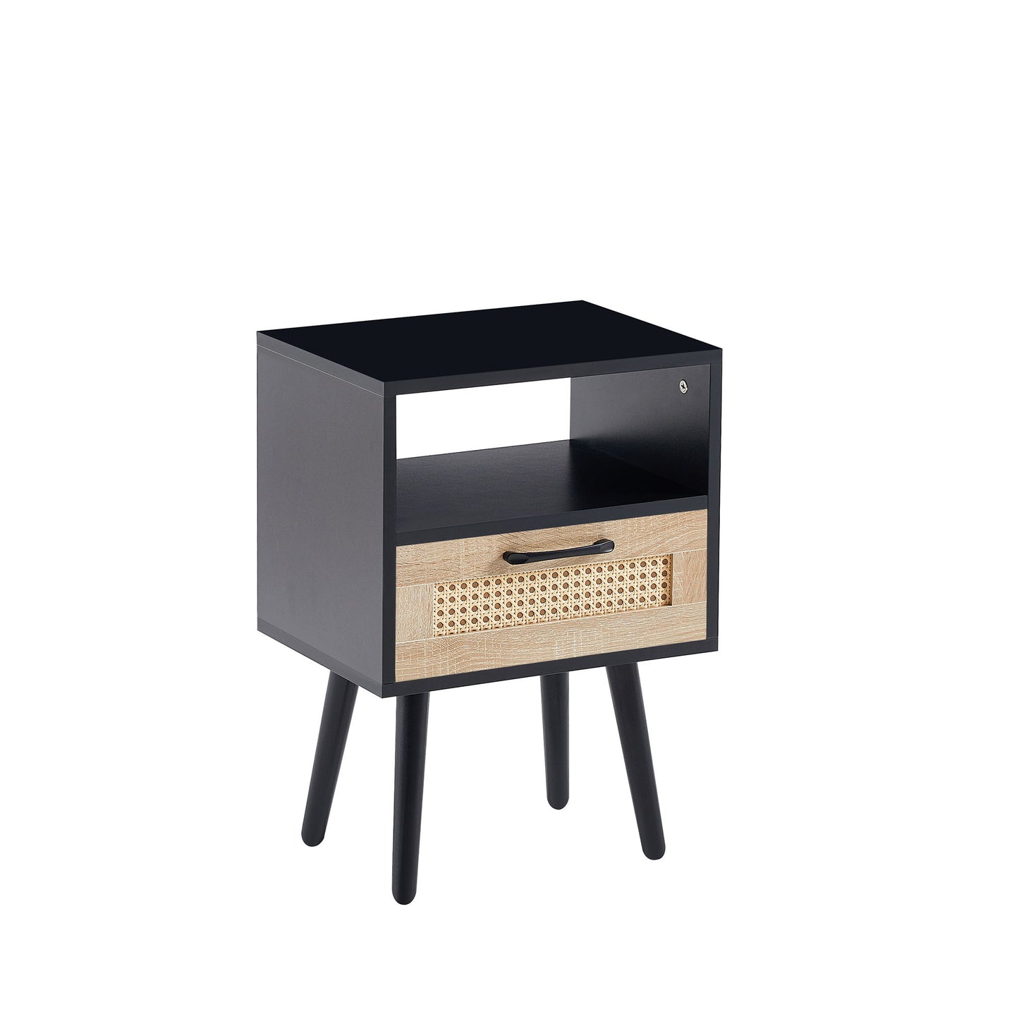 15.75" Rattan End Table With Drawer And Solid Wood Legs, Modern Nightstand, Side Table For Living Room, Bedroom - Black