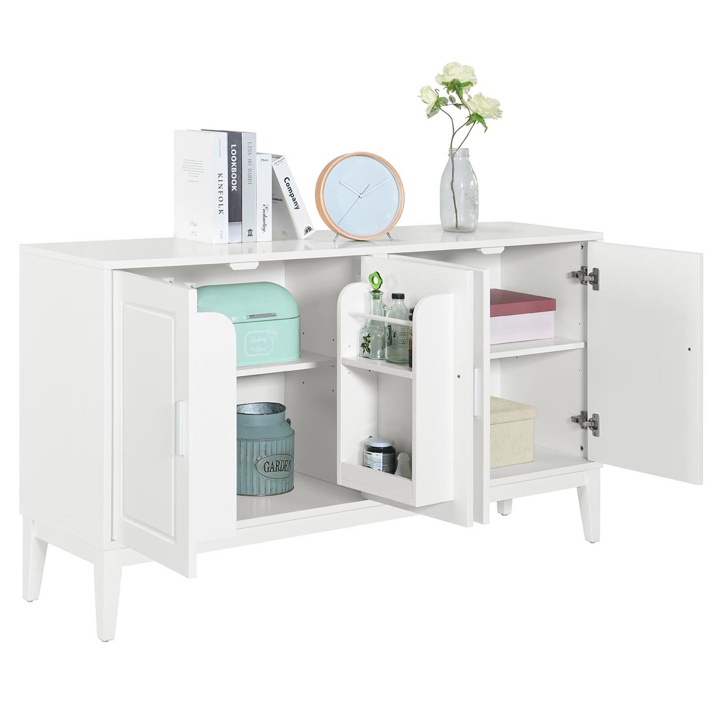 4 Door Sideboard Storage Cabinet With Door Shelf For Living Room And Dining Room, 2 Large Cabinets With Adjustable Shelf - White