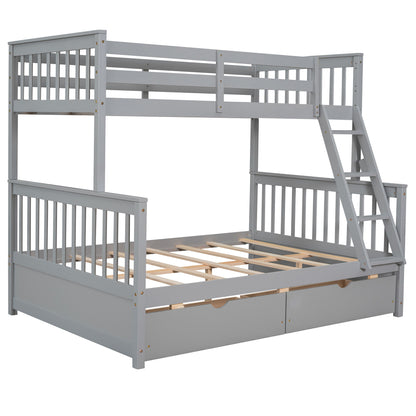 Twin Over Full Bunk Bed With Ladders And Two Storage Drawers - Gray