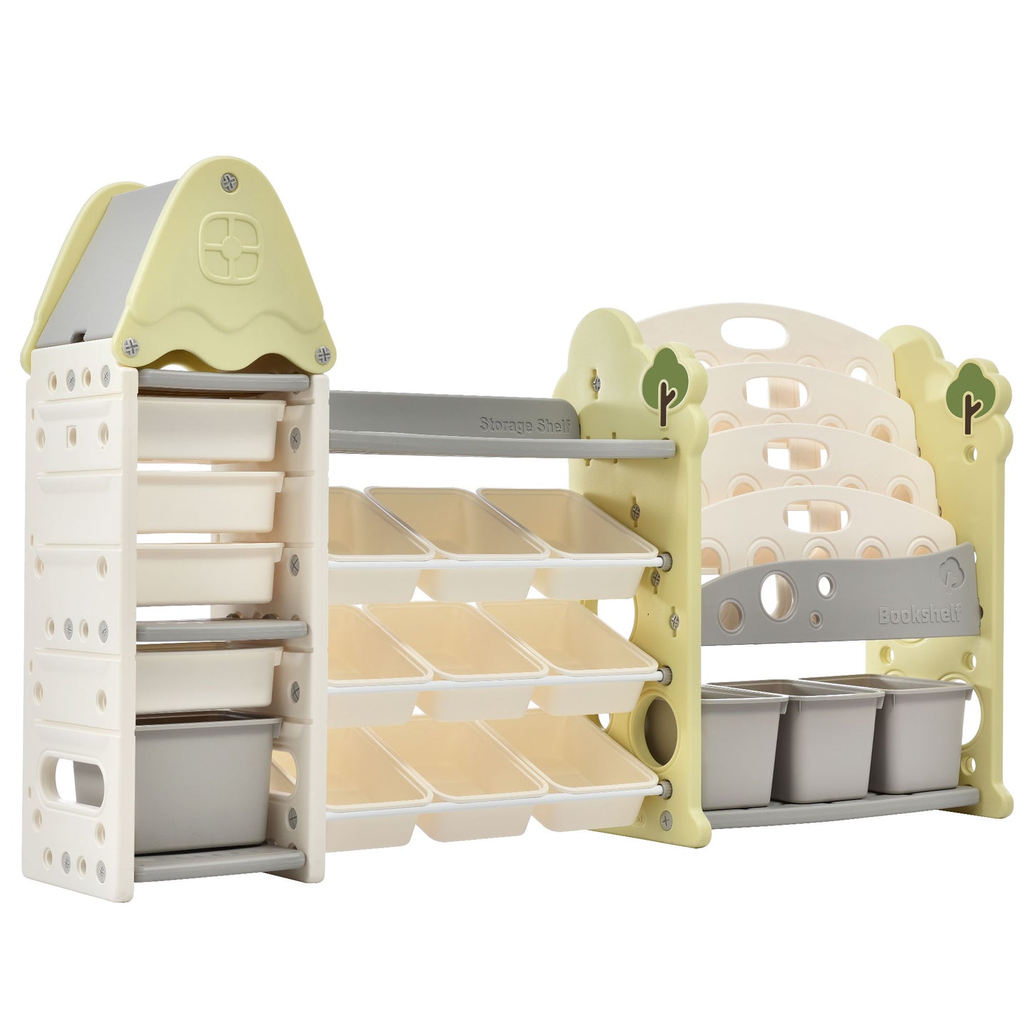 Kids Bookshelf Toy Storage Organizer With 17 Bins And 5 Bookshelves, Multi-Functional Nursery Organizer Kids Furniture Set Toy Storage Cabinet Unit With HDPE SheLF And Bins - Light Green