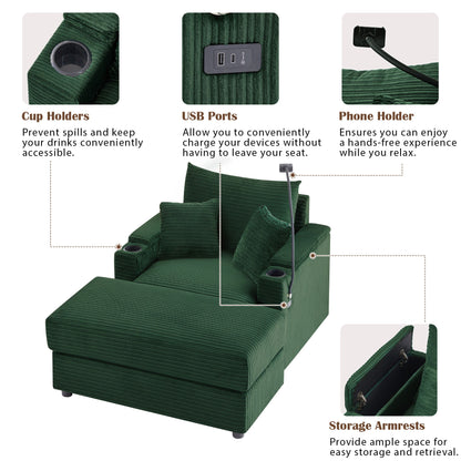 Modern Style Single Sofa Sofa Couch With Storage Space, A Movable Ottoman, Two USB Ports, Two Cup Holders, A Phone Holder For Living Room - Green