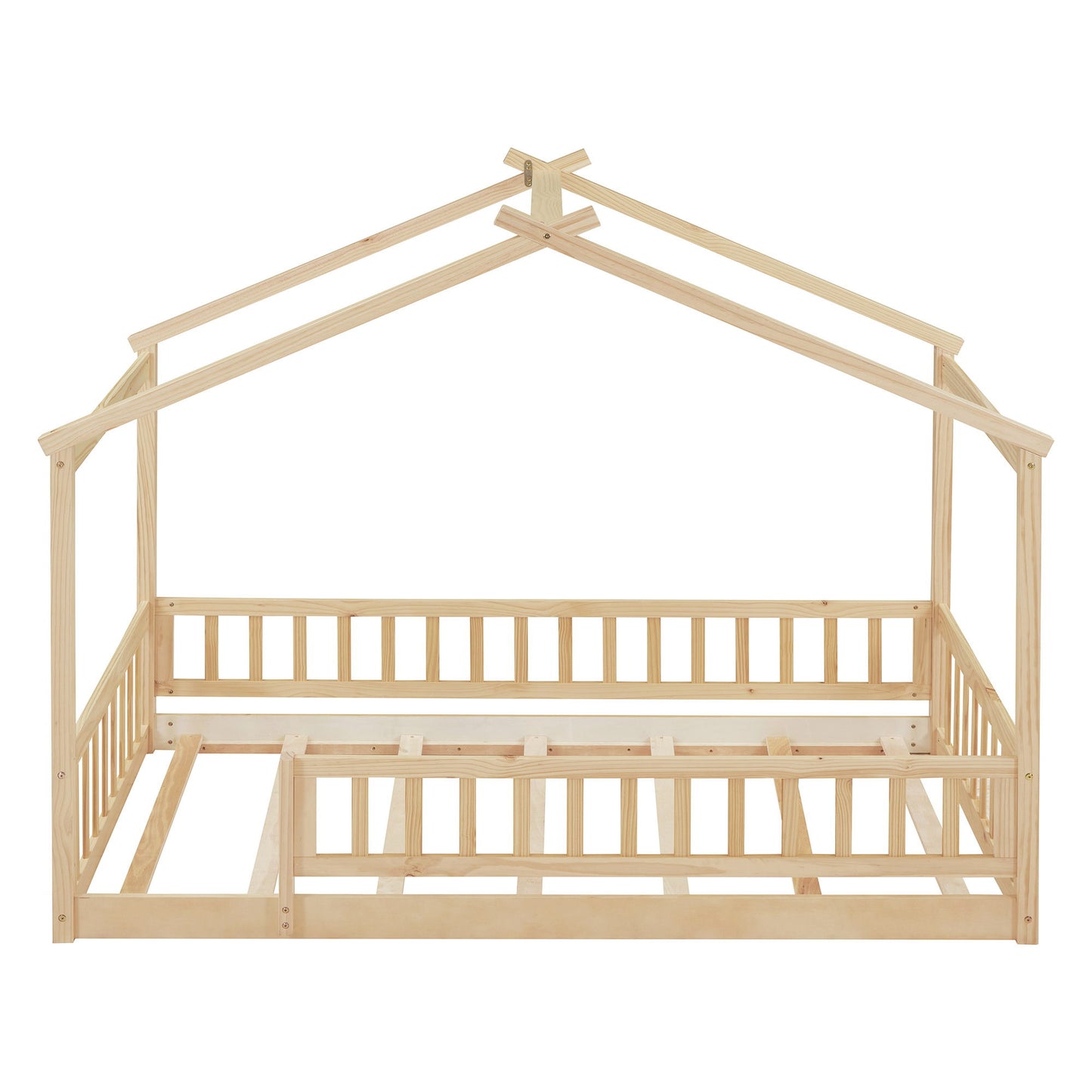 Twin Size Bed House Bed Frame With Fence - Natural