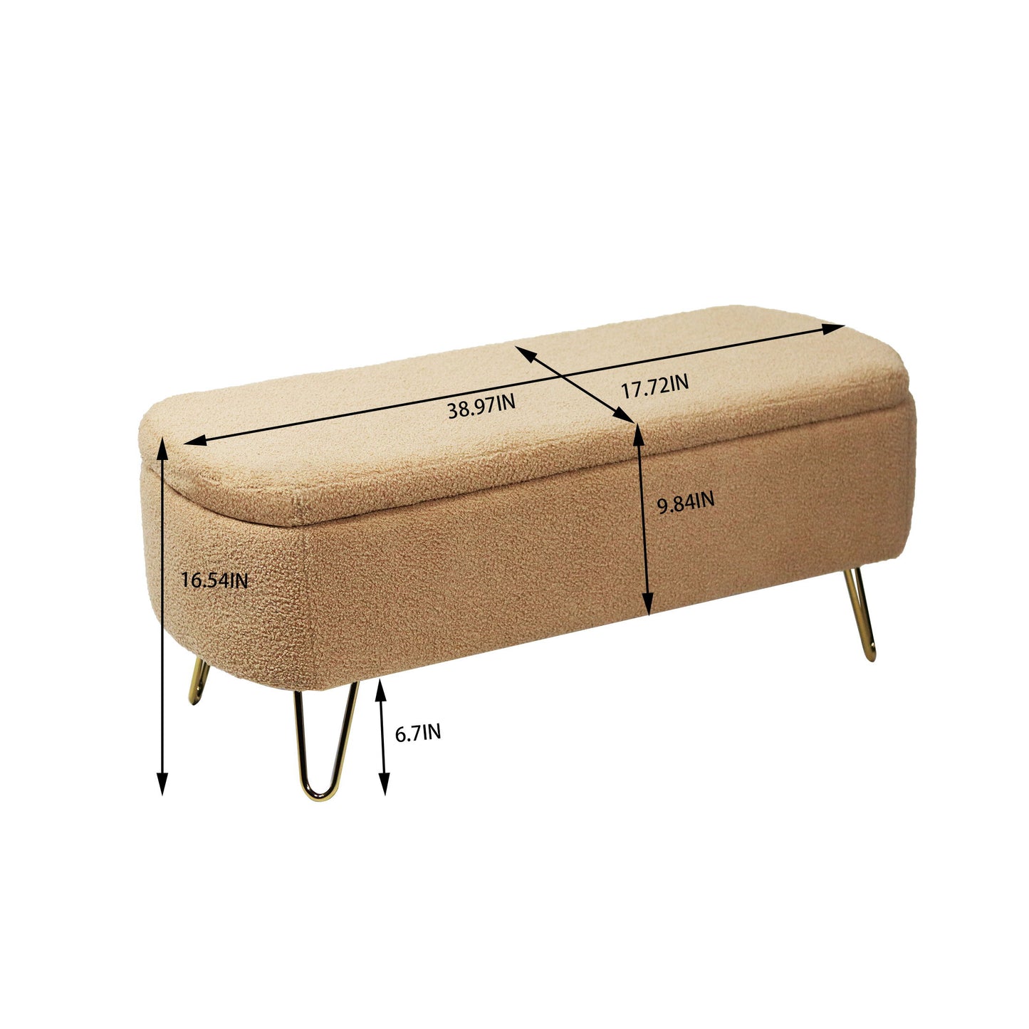 Storage Ottoman Bench For End Of Bed Gold Legs, Modern Camel Faux Fur Entryway Bench Upholstered Padded With Storage For Living Room Bedroom - Camel