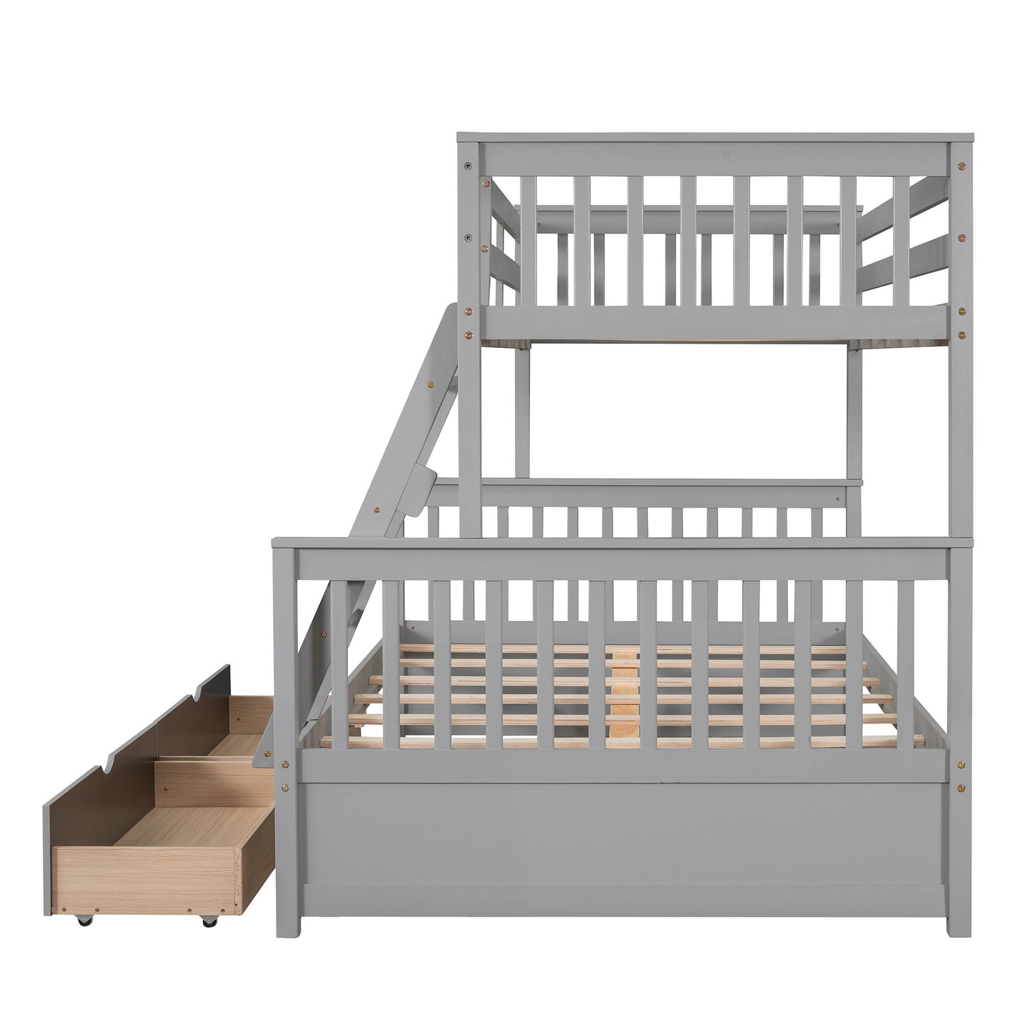 Twin Over Full Bunk Bed With Ladders And Two Storage Drawers - Gray