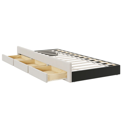 Full Size Upholstered Platform Bed With Twin Size Trundle And 3 Drawers - Beige