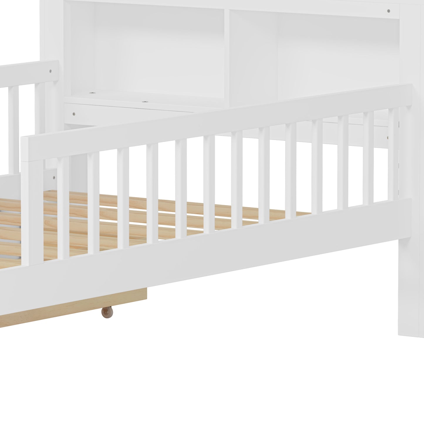 Twin Size Bed With Headboard Storage Rack, 2 Under Bed Drawers, 3 - Side Guardrails For Safety And Security - White