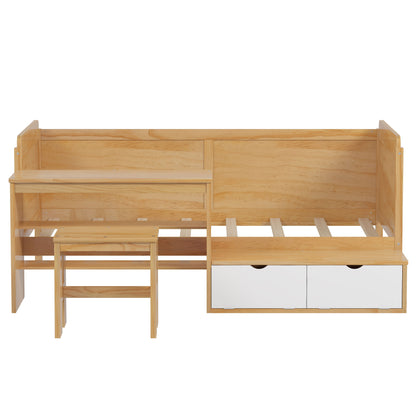Twin Size Daybed With Storage Shelves And Lockers, Multi Functional Bed With Study Desk And Matching Stool - Natural