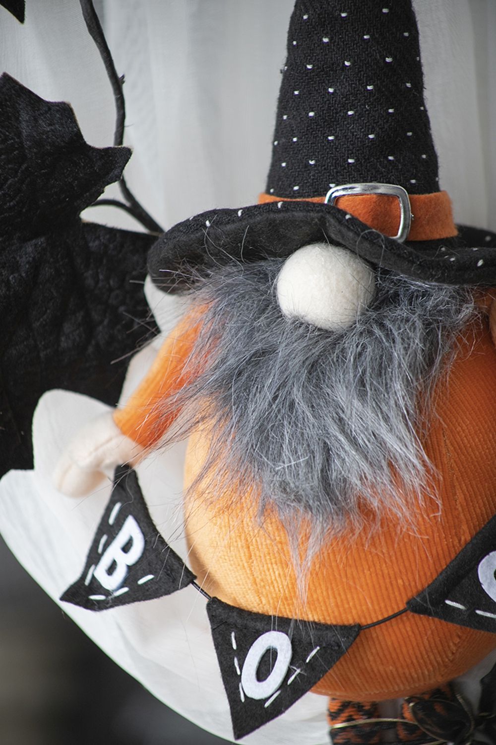 Standing Gnome With Gnome & Holding Banner, For Halloween Decor - Black / Orange / White