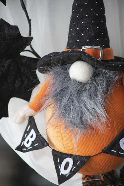 Standing Gnome With Gnome & Holding Banner, For Halloween Decor - Black / Orange / White