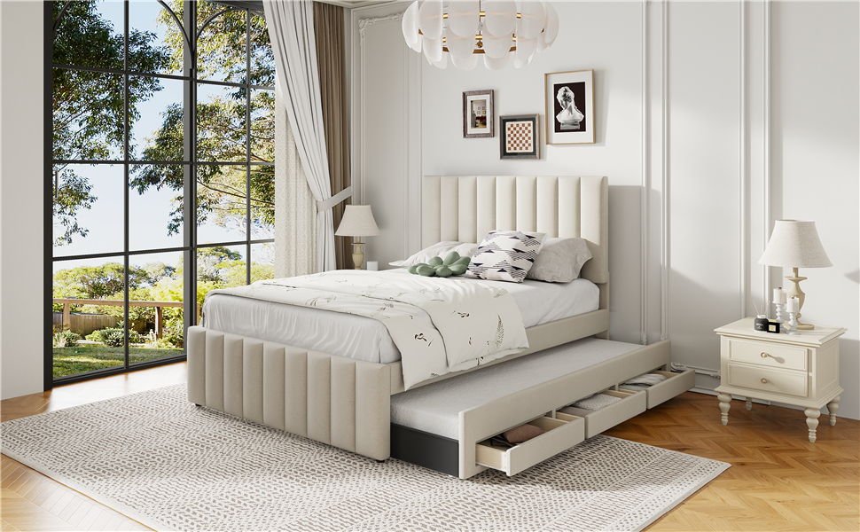 Full Size Upholstered Platform Bed With Twin Size Trundle And 3 Drawers - Beige
