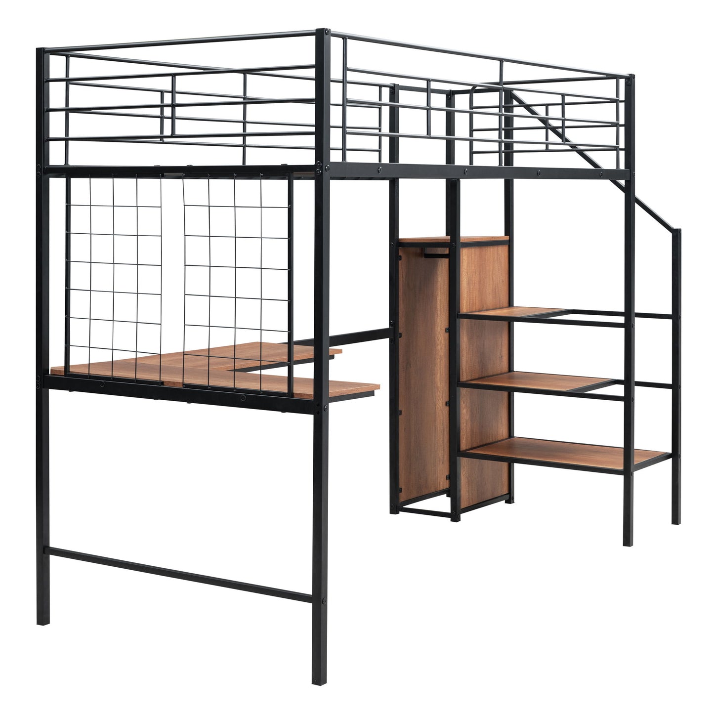 Twin Size Loft Bed With Desk And Grid, Stylish Frame With Lateral Storage Ladder And Wardrobe - Black