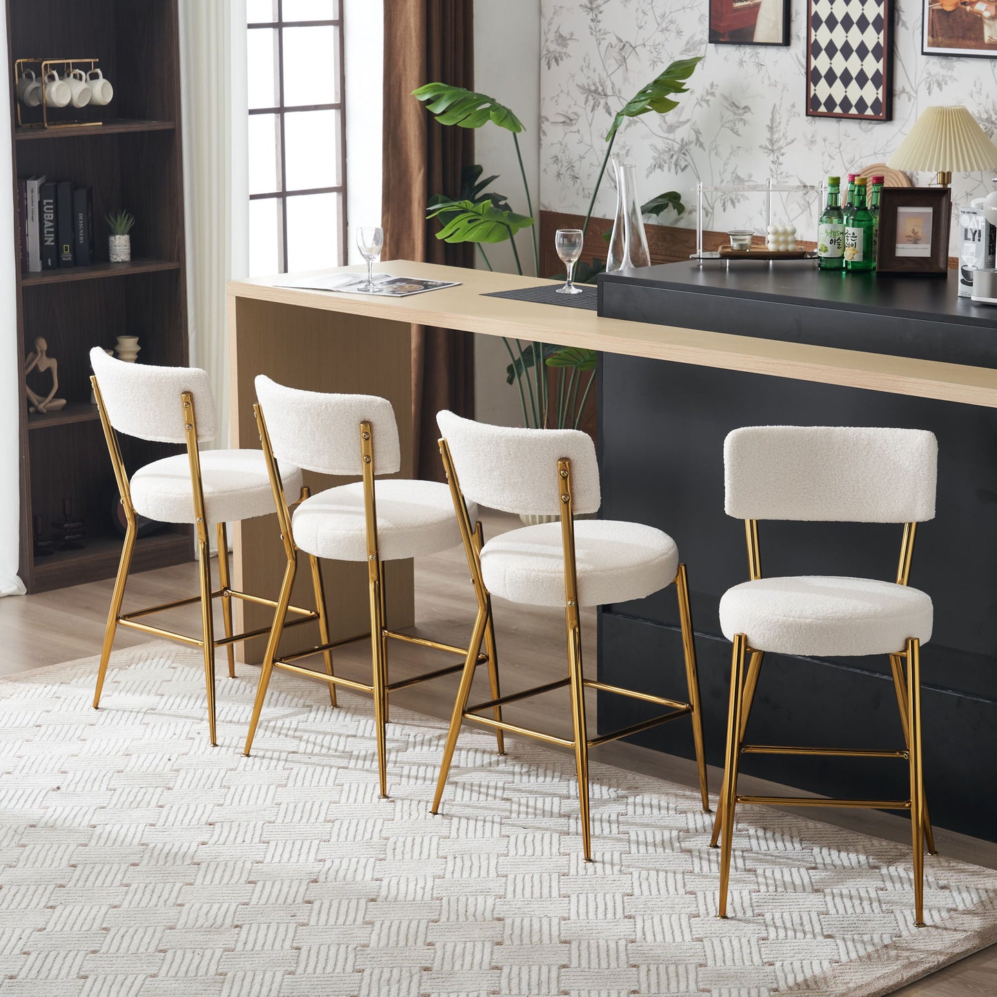 Modern Teddy Fabric Upholstered Bar Stools (Set of 2) - White / Gold