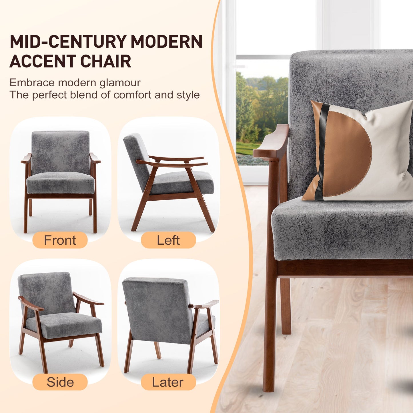Mid Century Modern Wingback Accent Chair With Solid Wood Frame And Extra Thick Backrest - Lounge Chair For Living Room, Bedroom, Or Reading Room - Gray