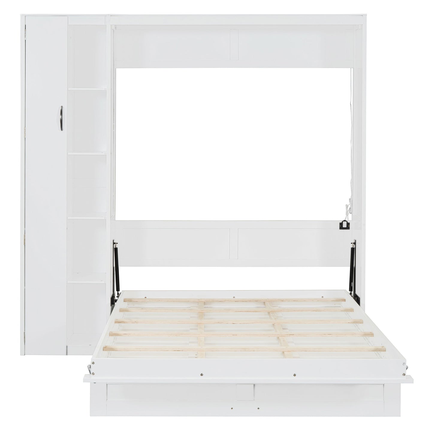 Full Size Murphy Wall Bed With Shelves, Wardrobe And LED Lights - White