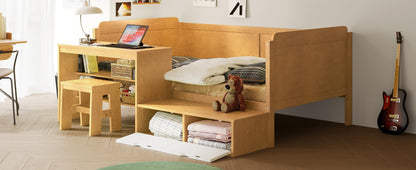 Twin Size Daybed With Storage Shelves And Lockers, Multi Functional Bed With Study Desk And Matching Stool - Natural