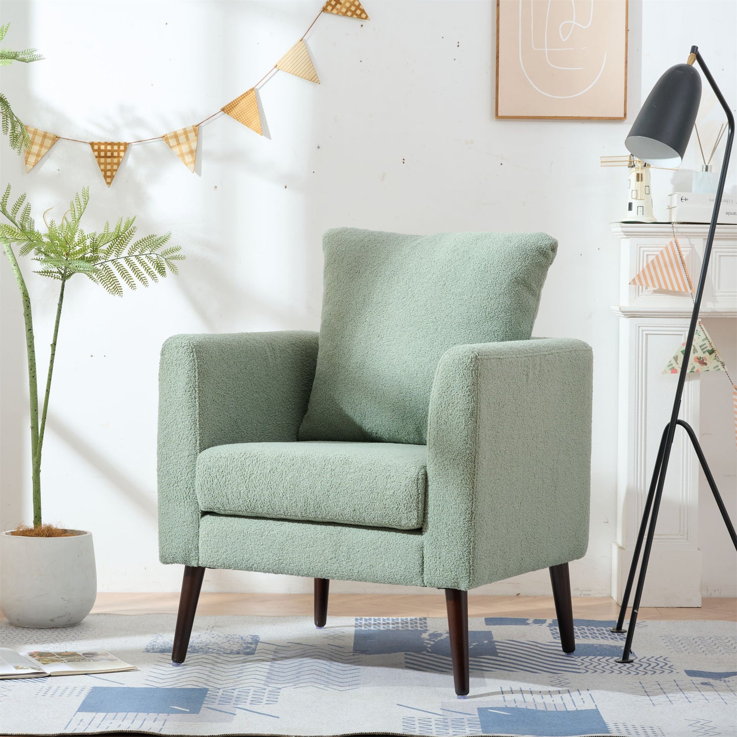 Modern Accent Chair, Upholstered Armchair For Living Room, Mid Century Fabric Lounge Chair With Pillow, Comfortable Reading Chair With Wood Legs For Living Room, Reception Room - Light Green