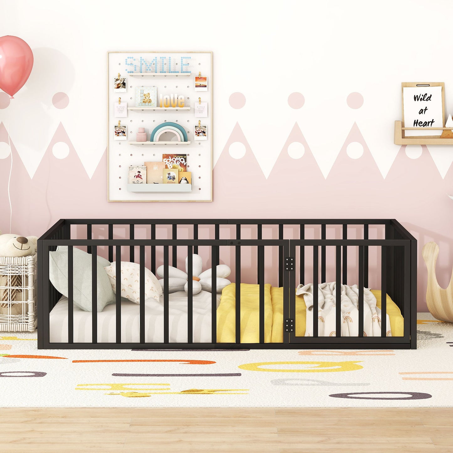 Twin Size Floor Bed Frame With Fence And Door - Black