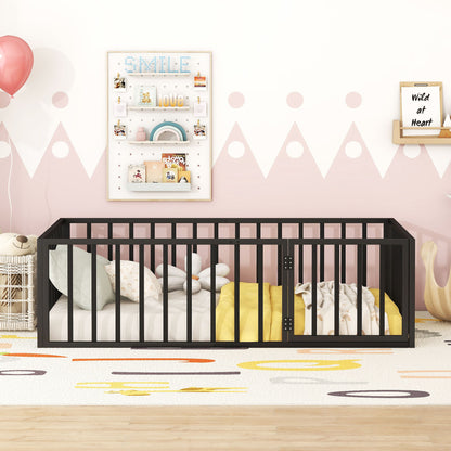 Twin Size Floor Bed Frame With Fence And Door - Black