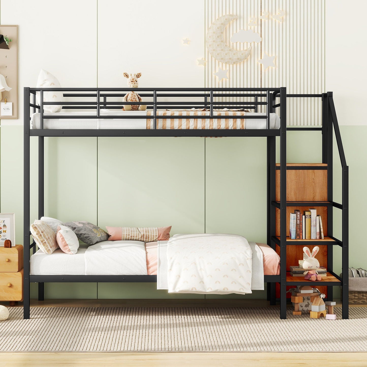 Twin Over Twin Metal Bunk Bed With Lateral Storage Ladder And Wardrobe - Black