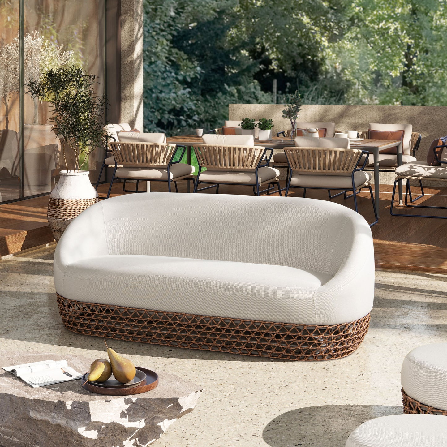 Willow - Upholstered Woven Patio Deep Seating Sofa, Wicker Frame - Wheat Beige / Golden Brown