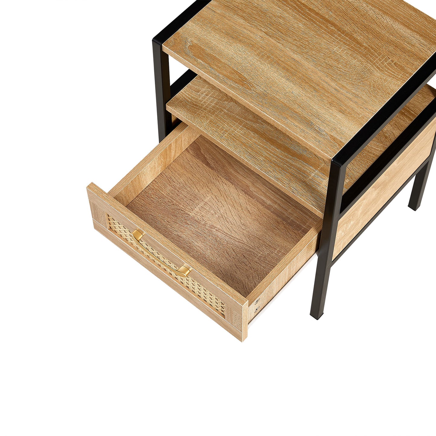 Rattan End Table With Drawer, Modern Nightstand, Metal Legs, Side Table For Living Room, Bedroom - Natural
