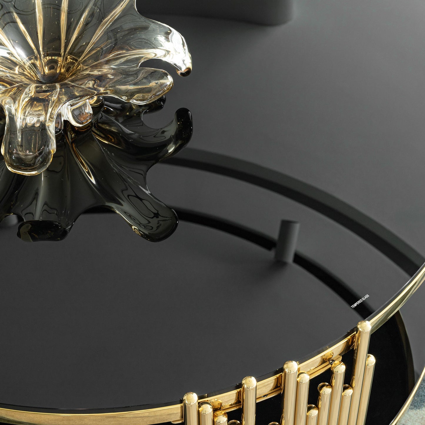 Double Layer Tempered Glass Top Stainless Steel Round Coffee Table For Living Room - Gold / Black