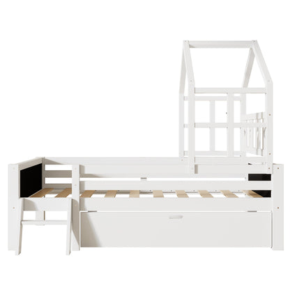 Full Size House Bed With Ladder And Storage Drawers Platform With Blackboard, No Box Spring - White