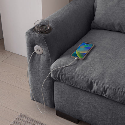 Modern Modular L Shaped Chenille Sofa Couch Reversible Ottoman With Storage Removable And Washable Cushions Sofa With USB Ports & Cup Holder For Living Room - Dark Gray