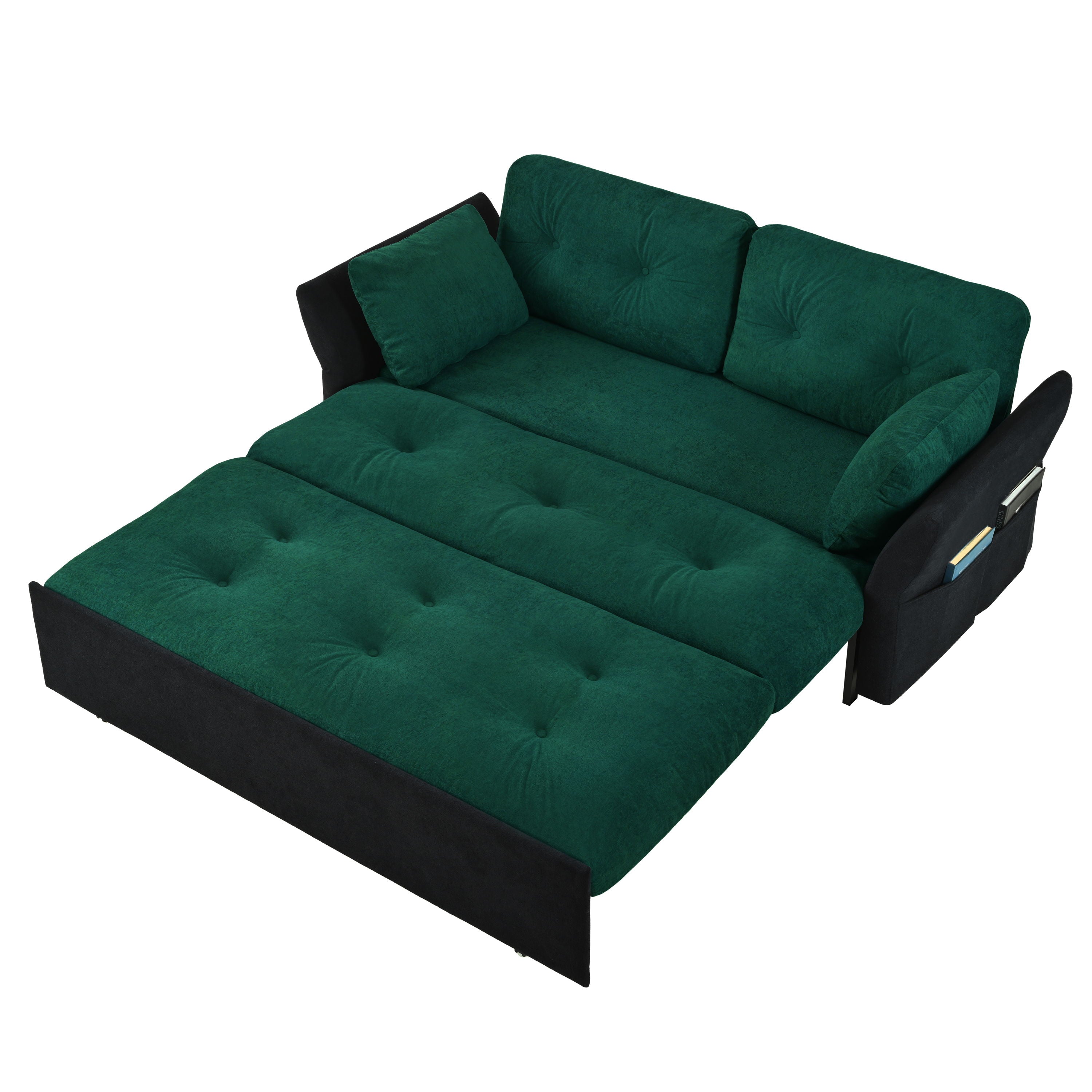 Modern Convertible Sleeper Sofa Bed With Pull Out Queen Design, Side Storage & Thick Cushions Chenille Loveseat For Living Room Or Bedroom 3 In 1 Function - Green
