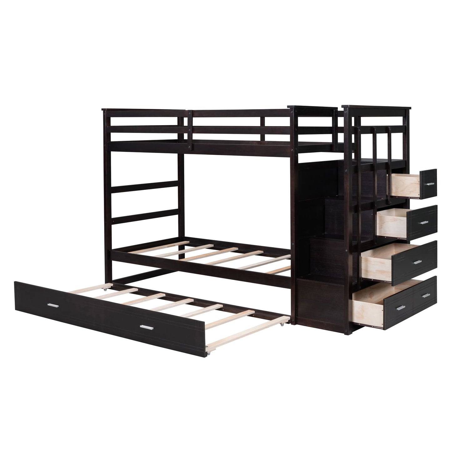 Twin Over Twin Bunk Bed With Trundle And Staircase - Espresso