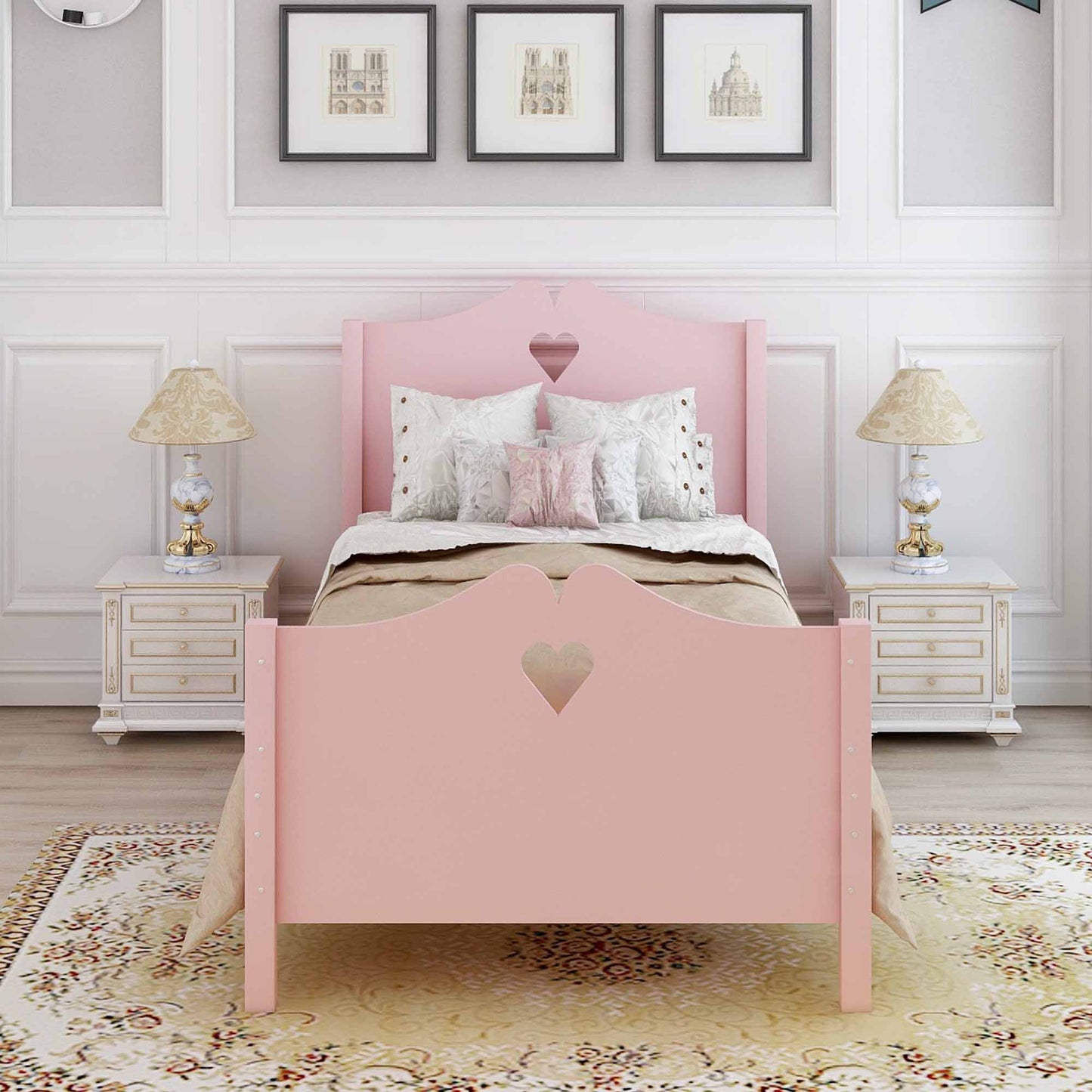 Twin Size Platform Bed With Headboard, Footboard And Slat Support - Pink