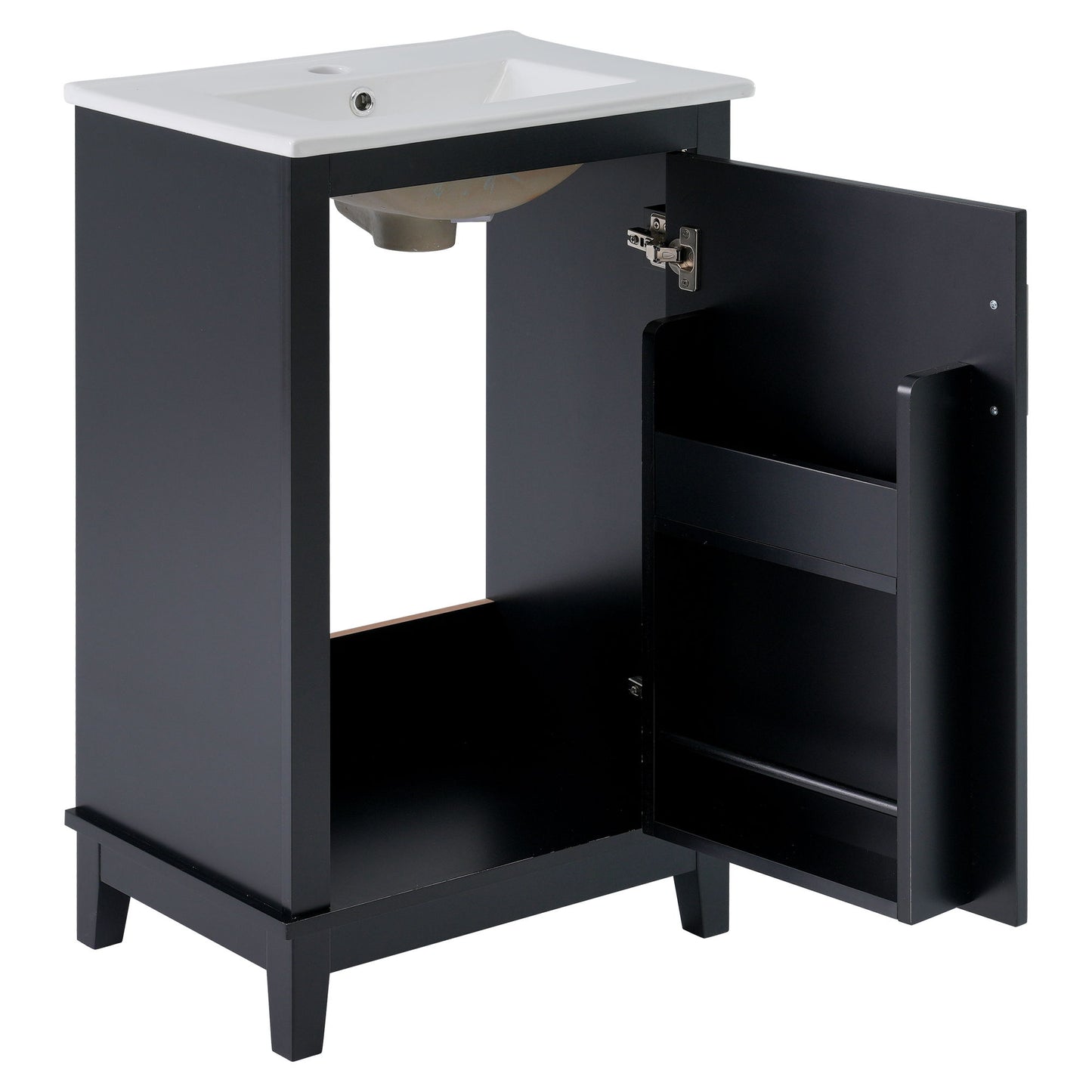 Modern Small Bathroom Vanity Cabinet With Ceramic Basin, Ample Storage, 1 Soft Close Door - Black