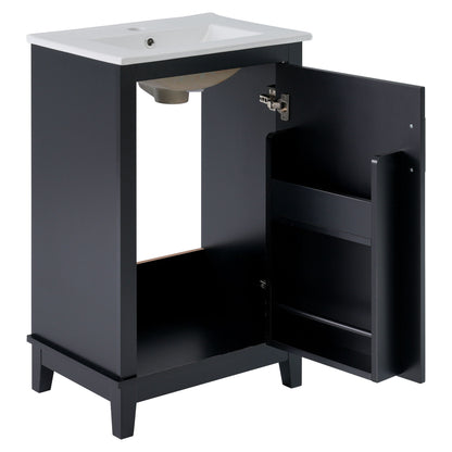 Modern Small Bathroom Vanity Cabinet With Ceramic Basin, Ample Storage, 1 Soft Close Door - Black