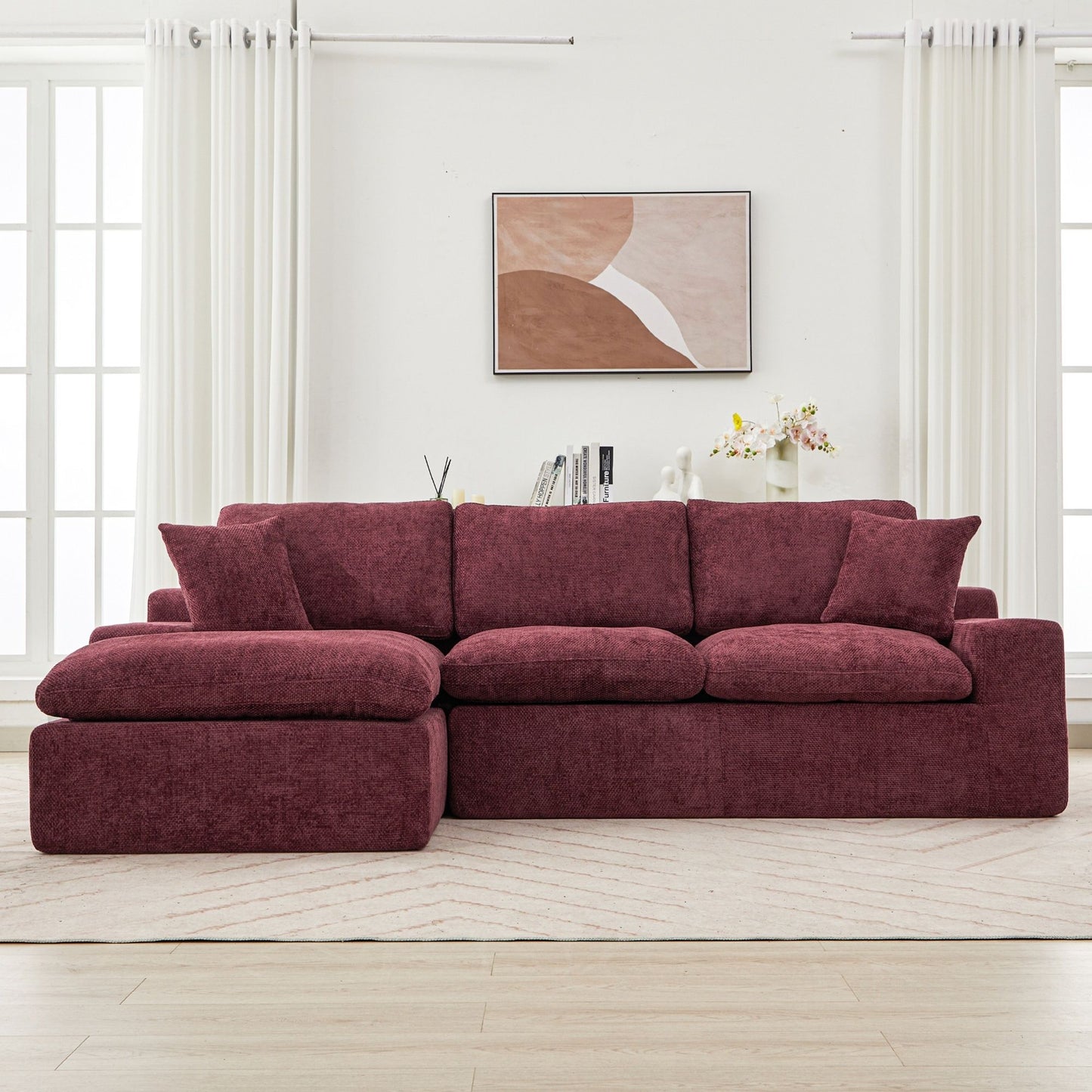 Cloud Sectional Sofa Upholstered Sofa Couch With Double-Layer Cushion And Side Pockets - Red
